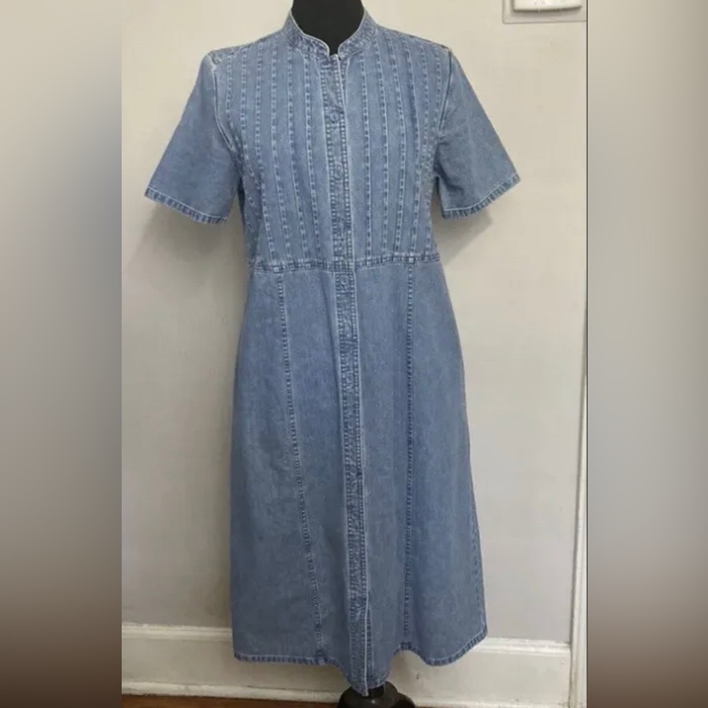 Orvis Denim Shirt Dress With Pleated Accent Top, Pockets, Womens Size 6